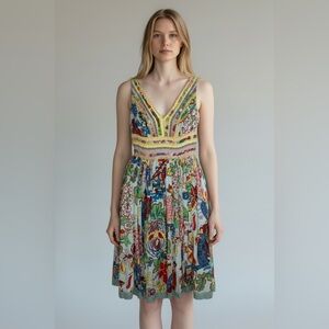 Mystery Vintage Vibrant Multicolor Asian Printed V-Neck beaded boho Midi Dress